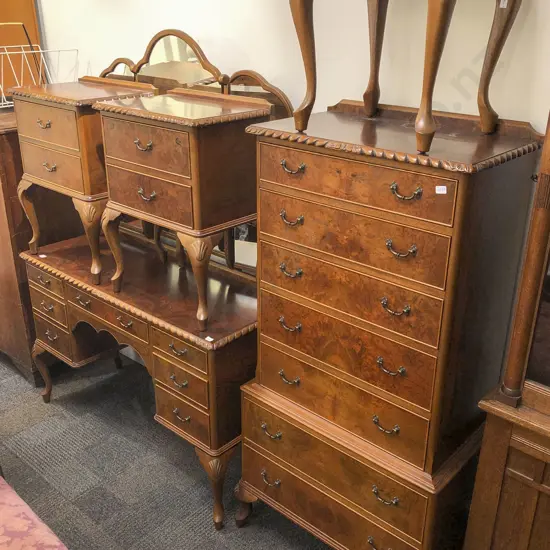 Repro Burr Walnut Five Piece Bedroom Suite