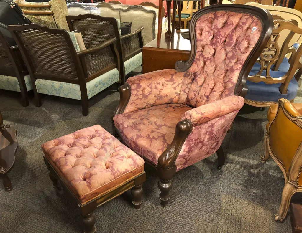 Victorian Style Grandfather Chair and Footstool Image 1++