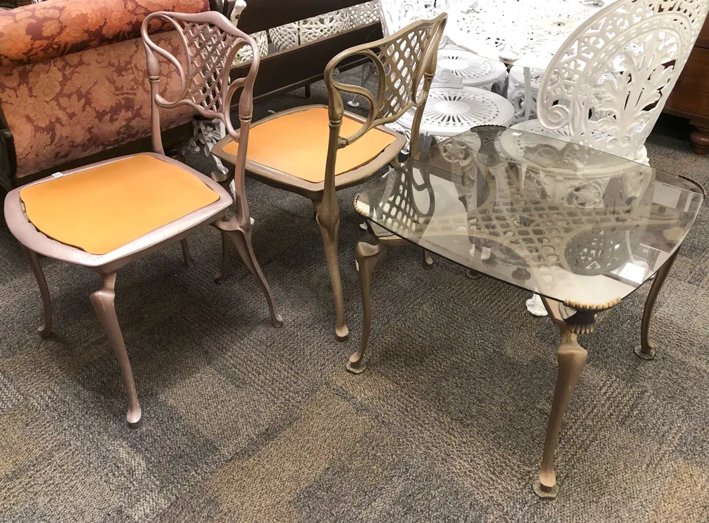 Cast Metal Glass Top Table and Matching Pair of Chairs Image 1++