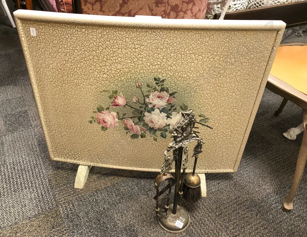 Brass Fire Tidy and Painted Fire Screen Image 1++