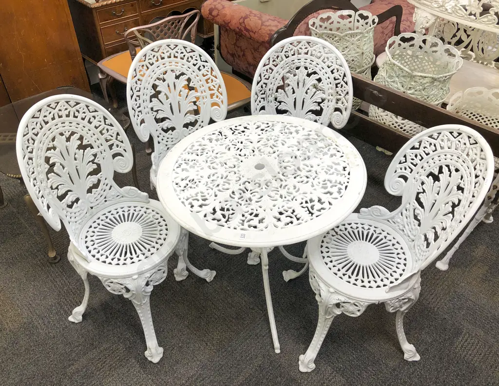 White Painted Cast Metal Garden Table and Four Chairs Image 1++