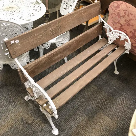 Two Seater Slatted Wooden and Cast Metal Bench
