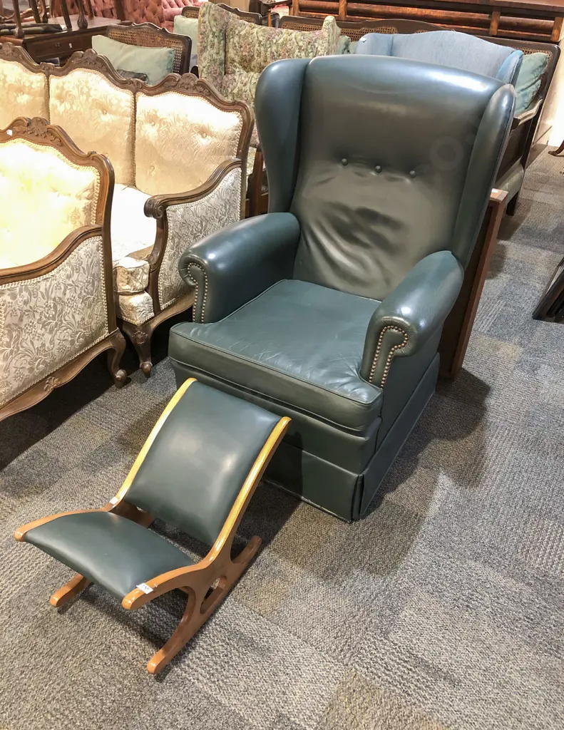 Green Leather Wing Armchair and Footstool Image 1++