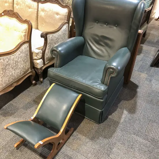 Green Leather Wing Armchair and Footstool
