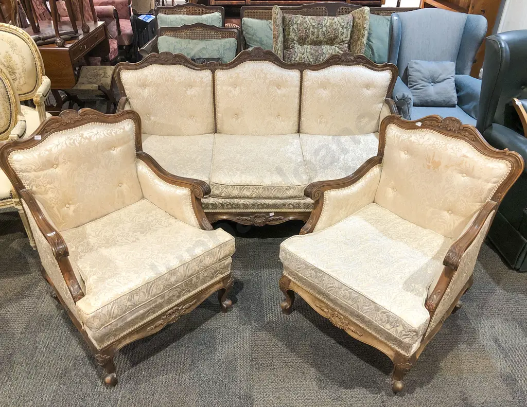 French Walnut Framed Three Piece Lounge Suite Image 1++