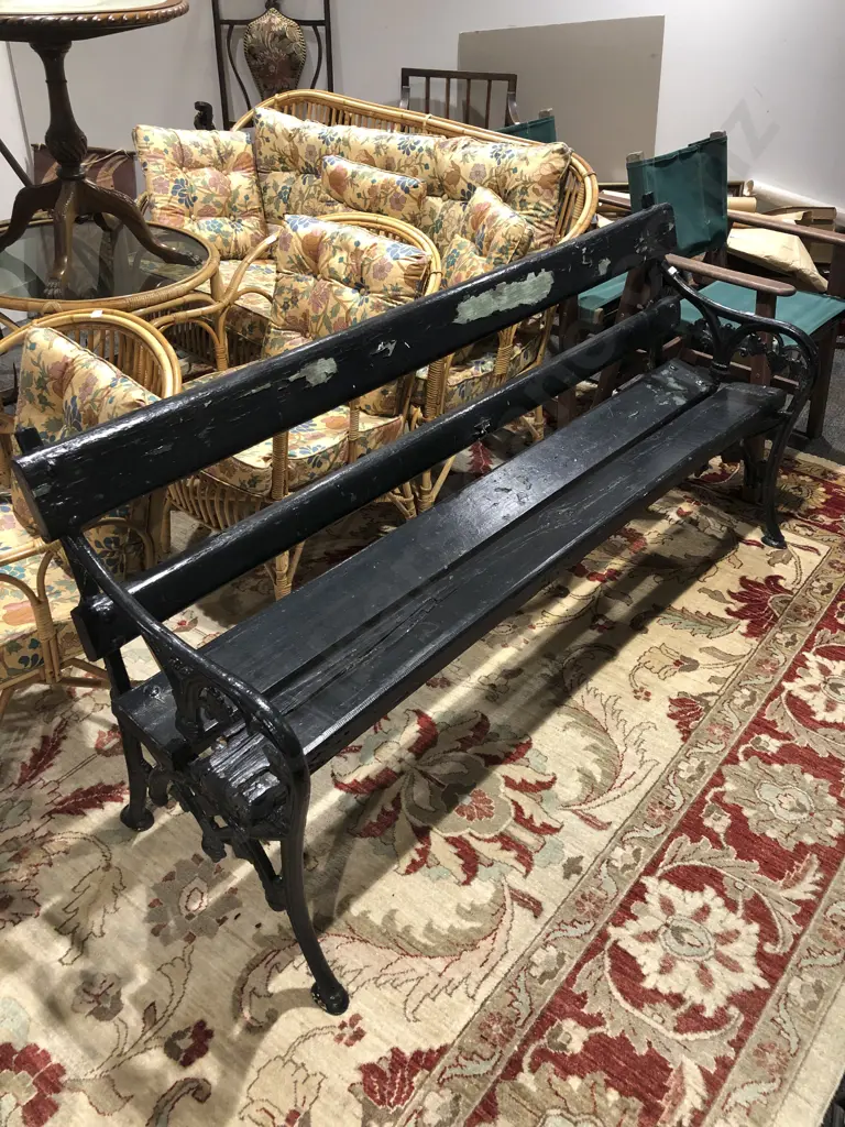 Black Painted Slatted Wood and Cast Iron Garden Bench Image 1++