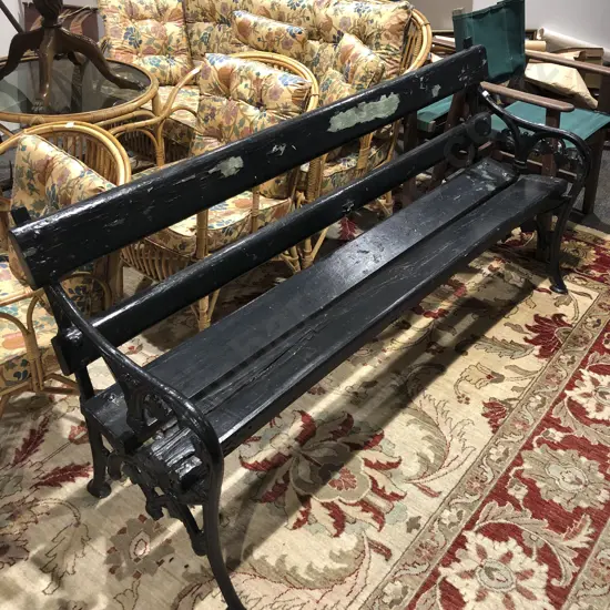 Black Painted Slatted Wood and Cast Iron Garden Bench