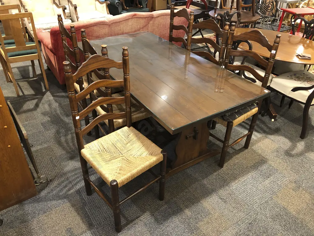 Trestle Dining Table With Six Ladder Back Chairs Image 1++