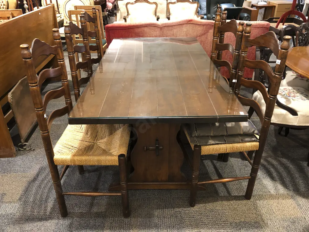 Trestle Dining Table With Six Ladder Back Chairs Image 1++