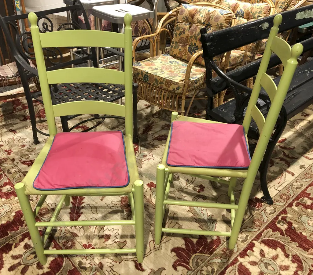 Pair of Green Painted Ladder Back Chairs Image 1++