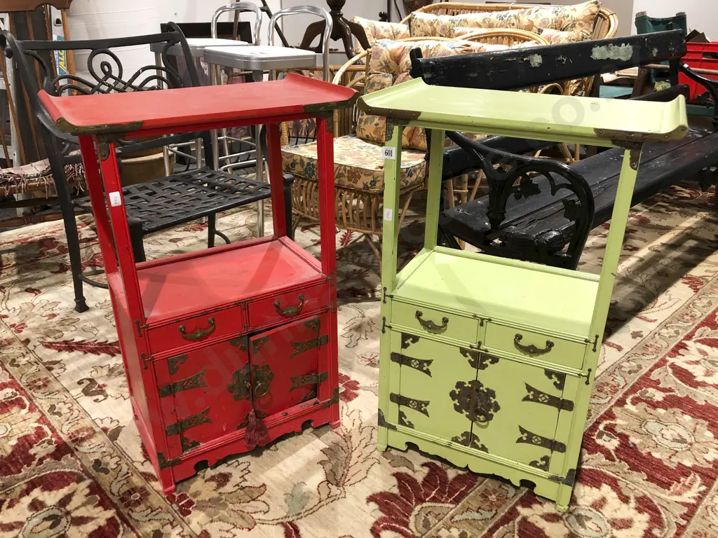 Pair of Chinese Green and Red Painted Side Cabinets Image 1++