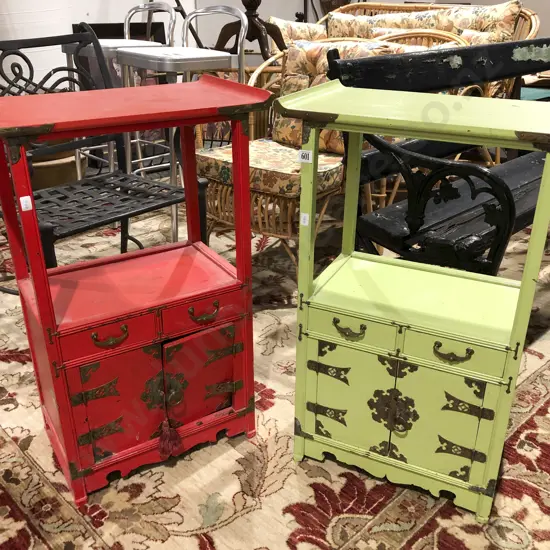 Pair of Chinese Green and Red Painted Side Cabinets