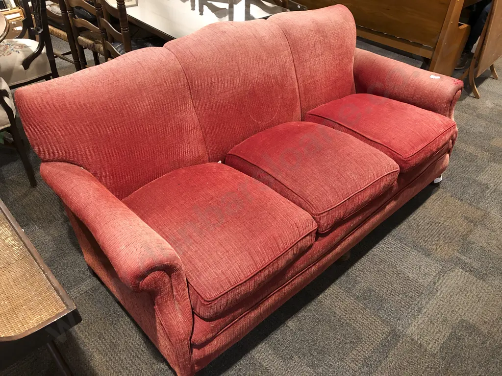 Antique Red Fabric Three Seater Sofa ( ex S.S Rangitiki) Image 1++