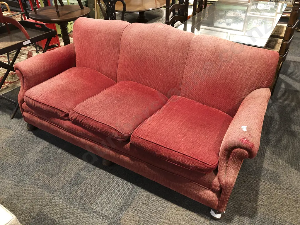 Antique Red Fabric Three Seater Sofa ( ex S.S Rangitiki) Image 1++