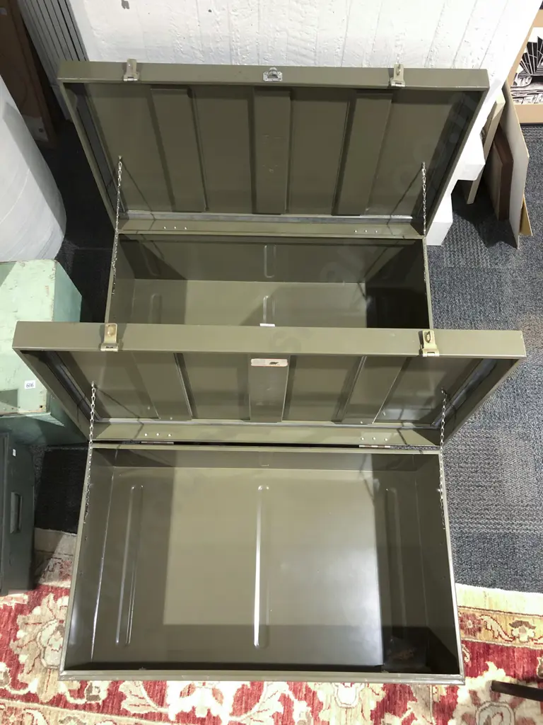 Two Khaki Metal Trunks Image 1++