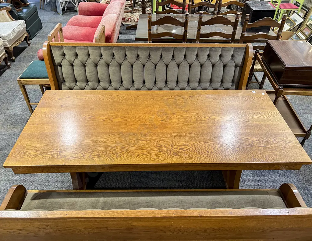 Mid Oak Refectory Dining Table and Pair of Button Back Benches Image 1++