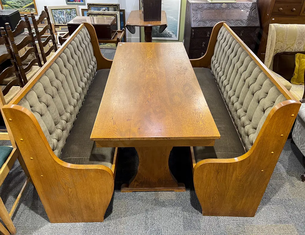 Mid Oak Refectory Dining Table and Pair of Button Back Benches Image 1++