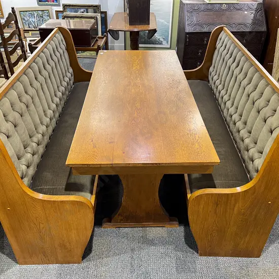 Mid Oak Refectory Dining Table and Pair of Button Back Benches