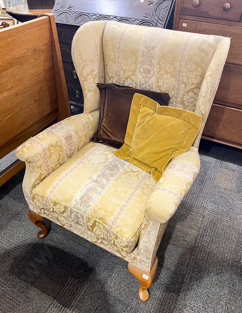 Gold and Floral Fabric Wing Armchair Image 1++