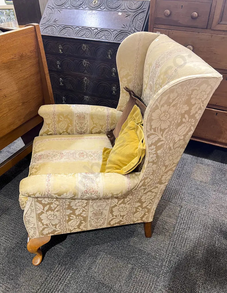 Gold and Floral Fabric Wing Armchair Image 1++