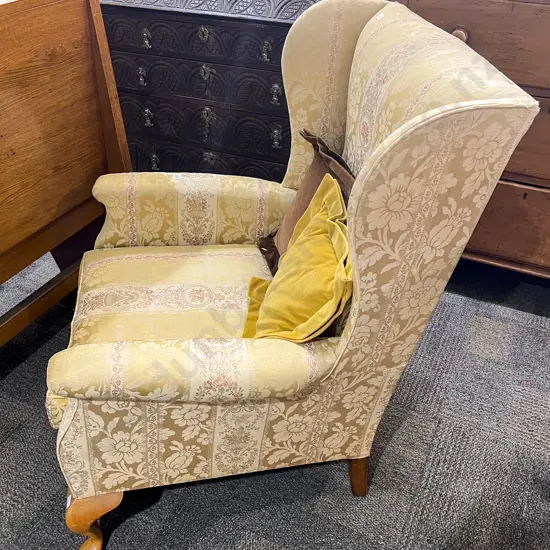 Gold and Floral Fabric Wing Armchair