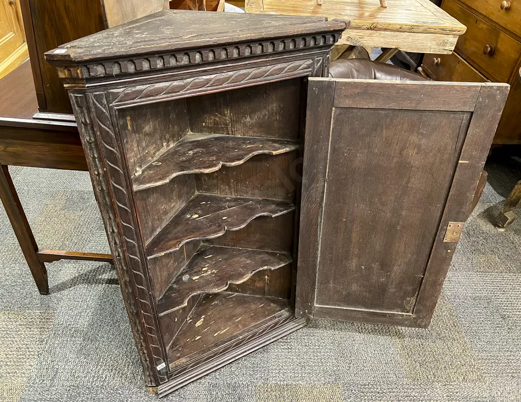 Geo III Carved Oak Hanging Corner Cupboard Image 1++