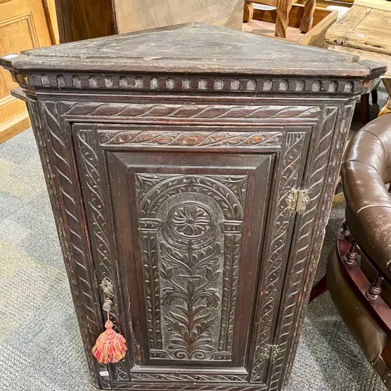 Geo III Carved Oak Hanging Corner Cupboard