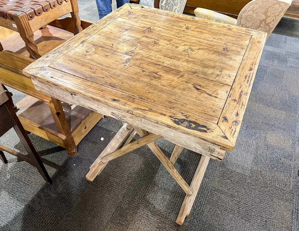 Antique Chinese Weathered Square Top Table on Folding X Frame Support Image 1++