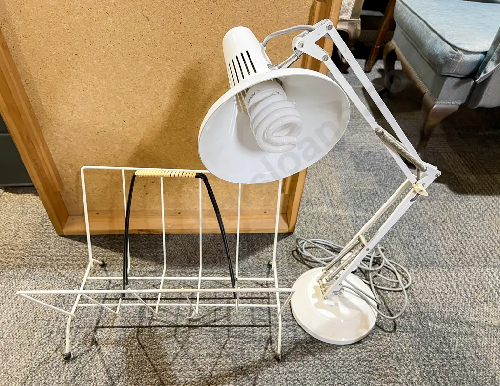Angle Poise Lamp and Mid Century Wire Magazine Rack Image 1++