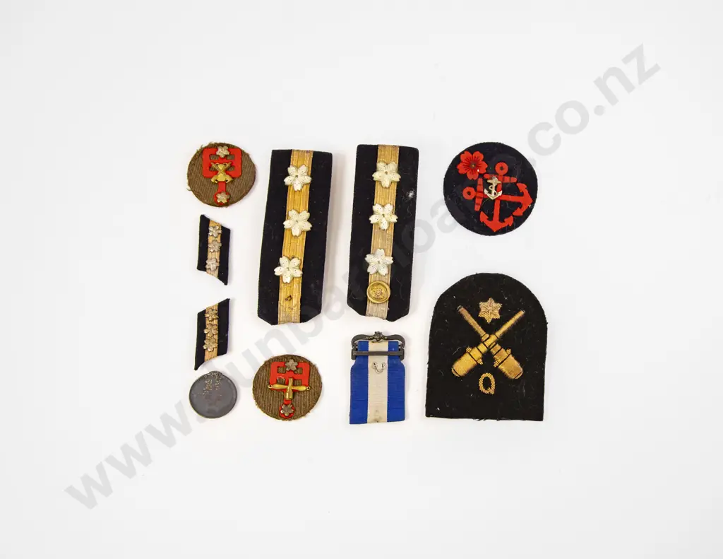 WWII Japanese Pair Naval Offices Shoulder Boards with Other Cloth Badges and Medal Image 1++