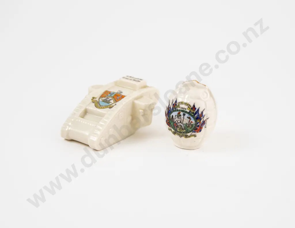Two Crested Ware Models of WWI Tank and Grenade Image 1++