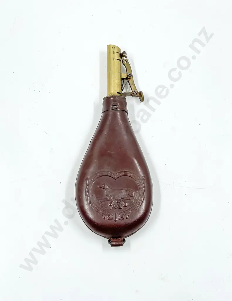 Vintage Leather and Brass Powder Flask Image 1++