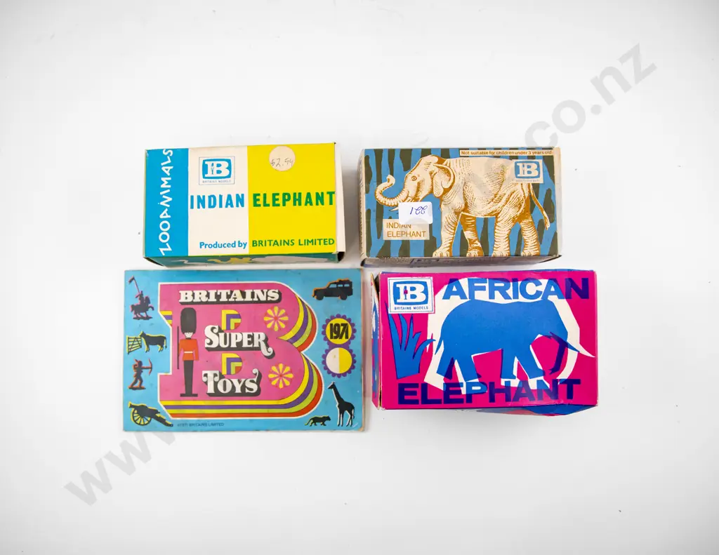 Boxed Britains 1310 African Elephant and two 1311 Indian Elephants and 1971 Catalogue Image 1++