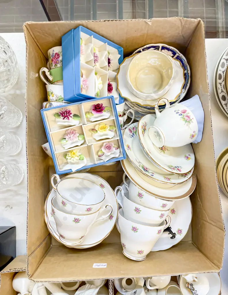 Box of Assorted Tea China and Floral Menu Holders Image 1++