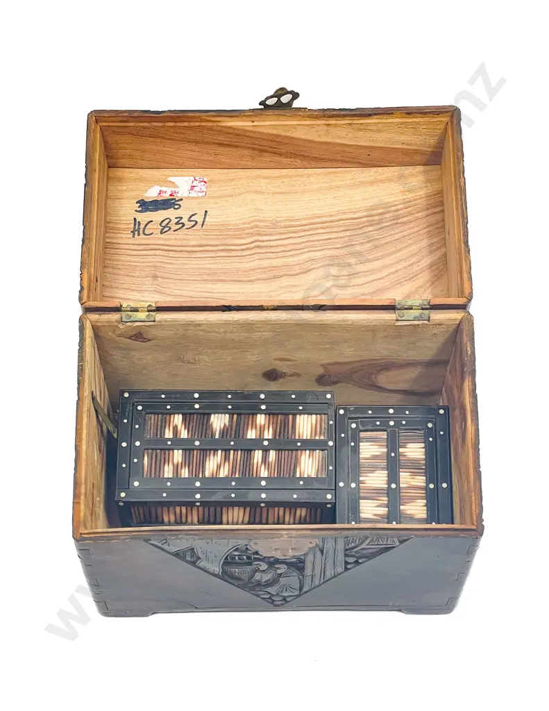 Carved Camphor Wood Jewellery Box with Two Small Porcupine Quill Boxes Image 1++