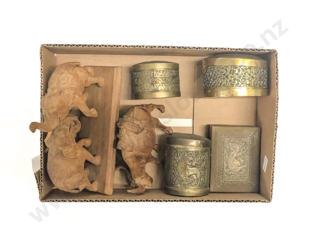 Box with Brass Jars and Wooden Animal Ornaments Image 1++