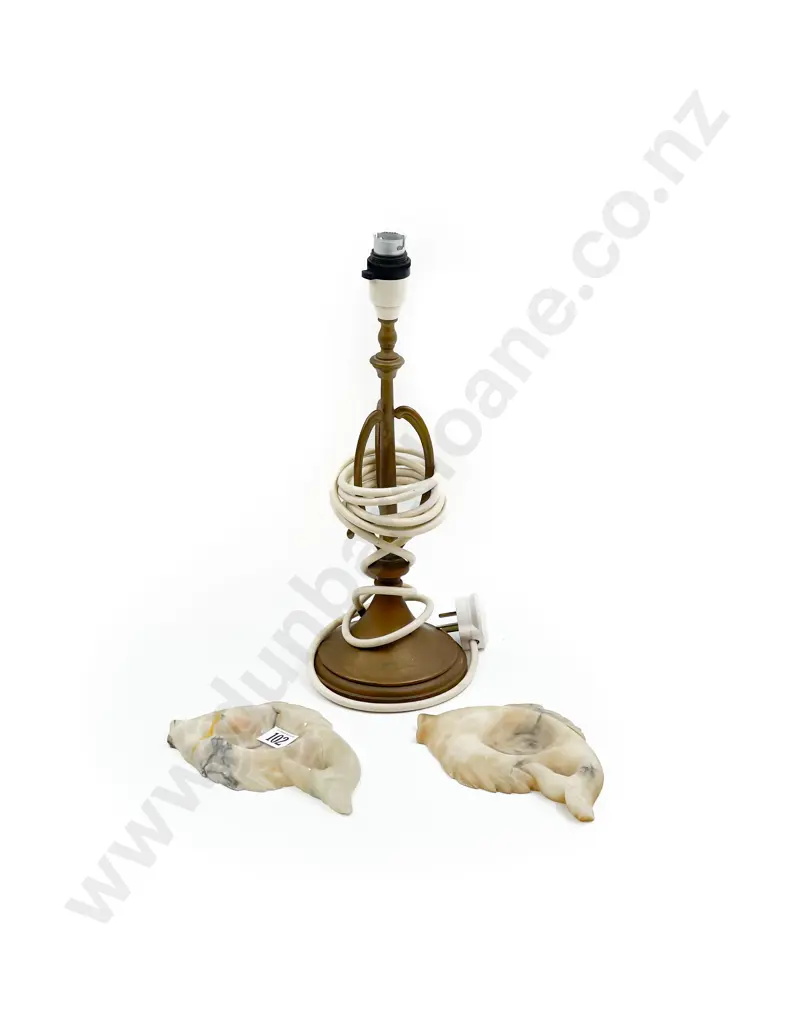 Brass Table Lamp and Two Alabaster Fish Ash Trays Image 1++