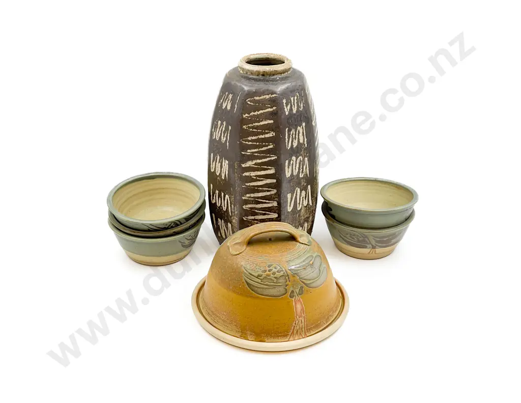 NZ Octagonal Pottery Vase with Five Bowls and Butter Dish Image 1++