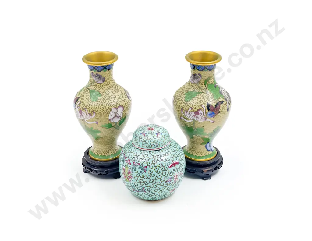 Pair of Cloisonne Vases and Small Ginger Jar Image 1++