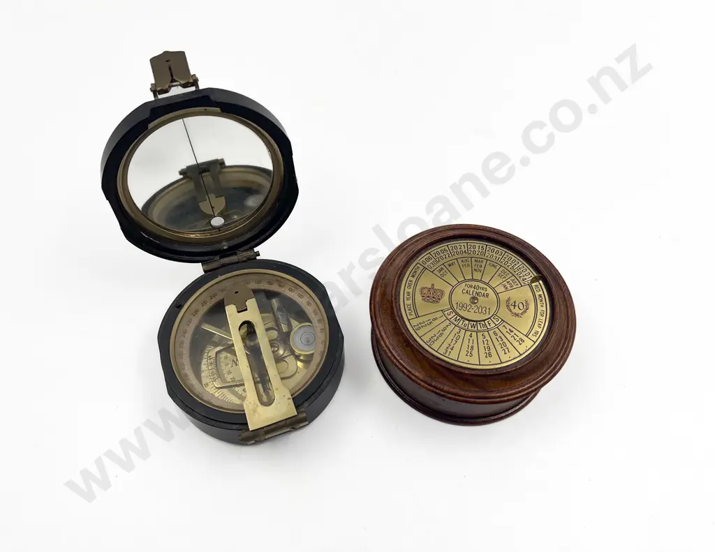 Replica Ebonised & Brass Brunton Compass & Calendar Box Image 1++