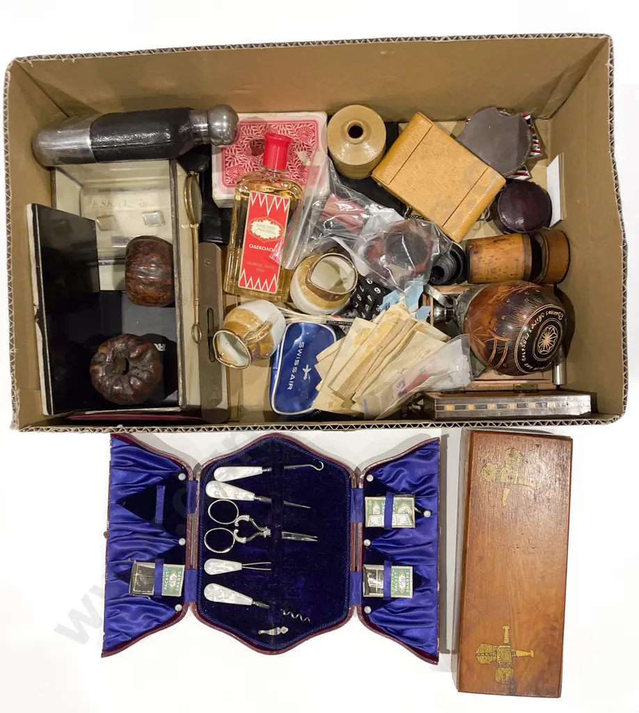 Box of Assorted Vintage Items incl Cased Sewing Set Image 1++
