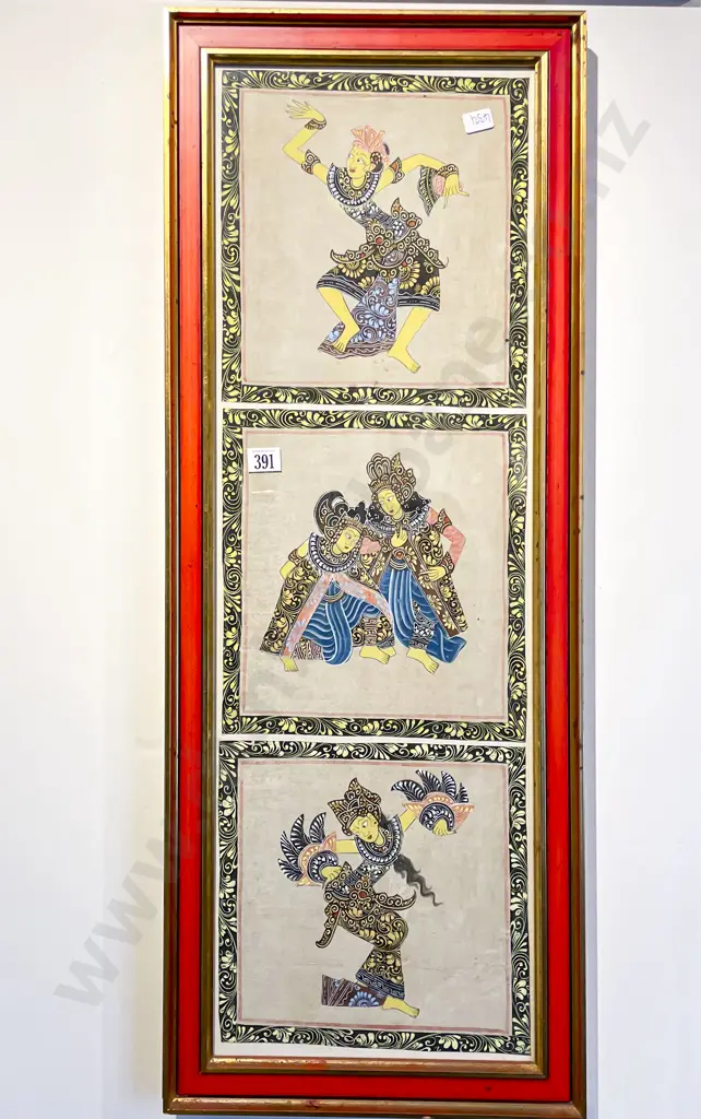 Two Framed Balinese Artworks and Mogul School Print Image 1++