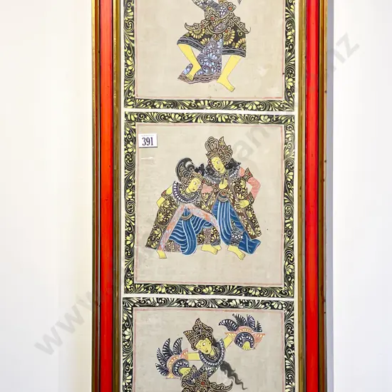Two Framed Balinese Artworks and Mogul School Print