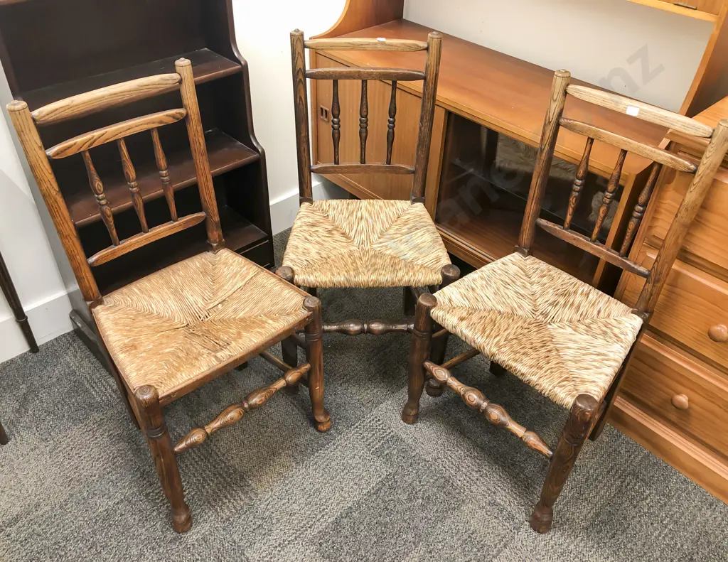 Set Three Elm Rush Seated Kitchen Chairs Image 1++