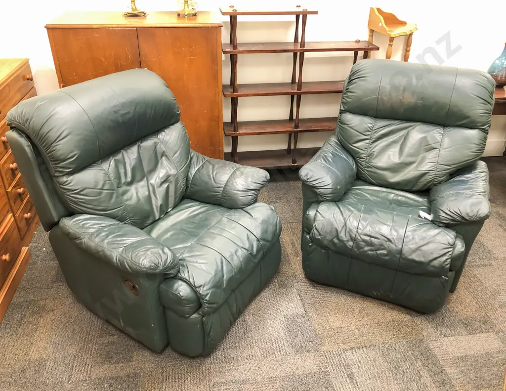 Pair Green Leather Armchairs Image 1++