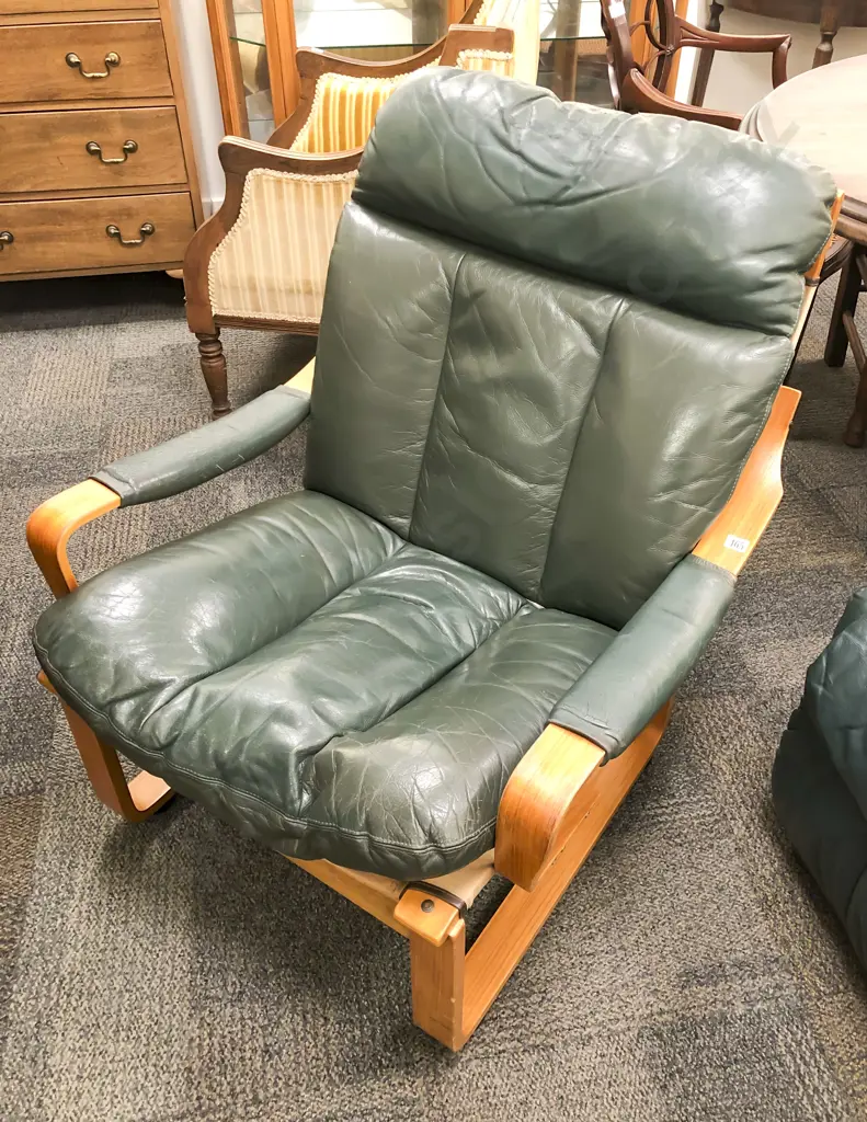 Tessa Plywood Framed Green Leather Armchair Image 1++