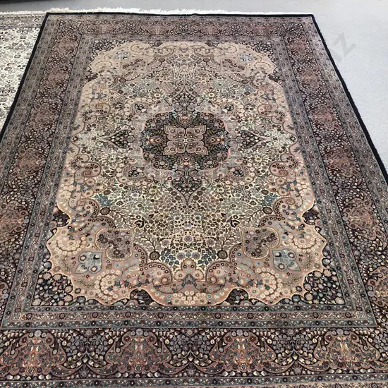 Large Persian Floor Rug with Stylised Medallions & Foliage in Navy Blue