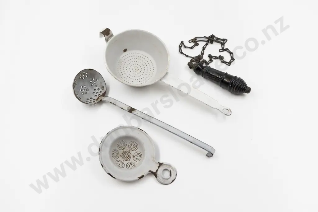 Early C20th Three White Enamel Kitchen Utensil Sieves & "Loo Pull Image 1++