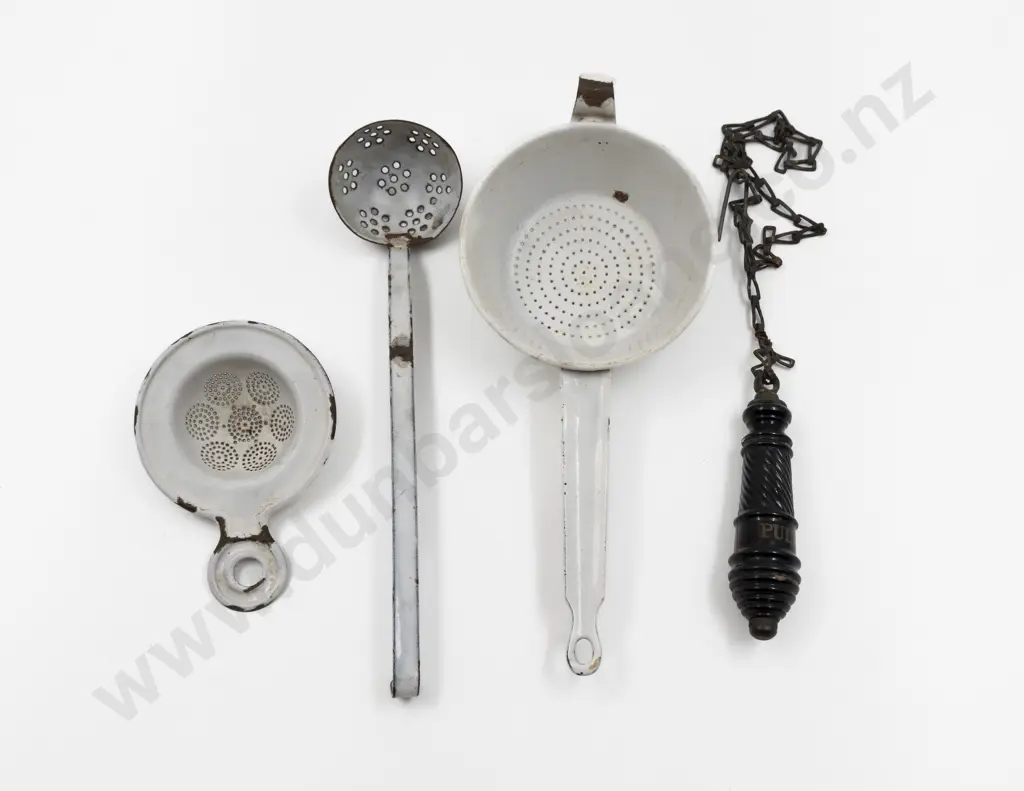 Early C20th Three White Enamel Kitchen Utensil Sieves & "Loo Pull Image 1++
