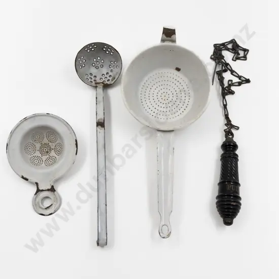 Early C20th Three White Enamel Kitchen Utensil Sieves & "Loo Pull